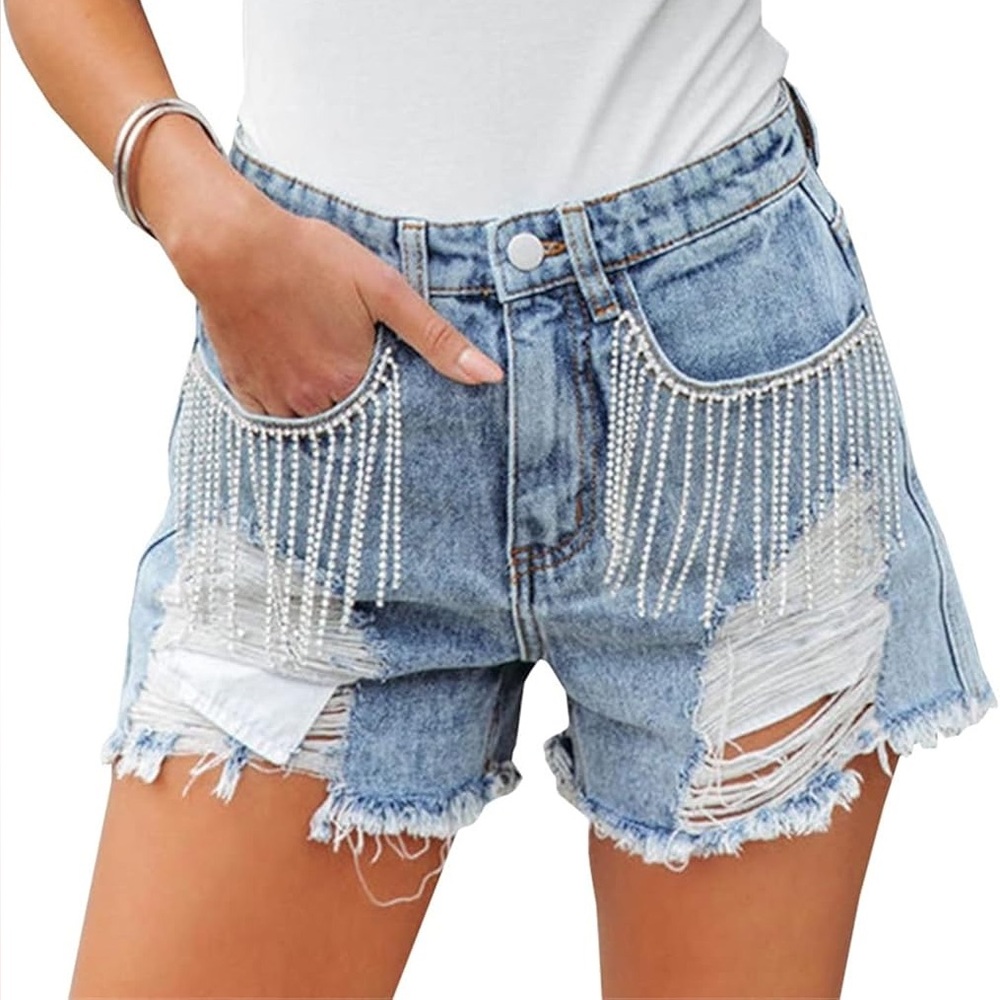 POL rhinestone fringe demim jean shorts size small NWT